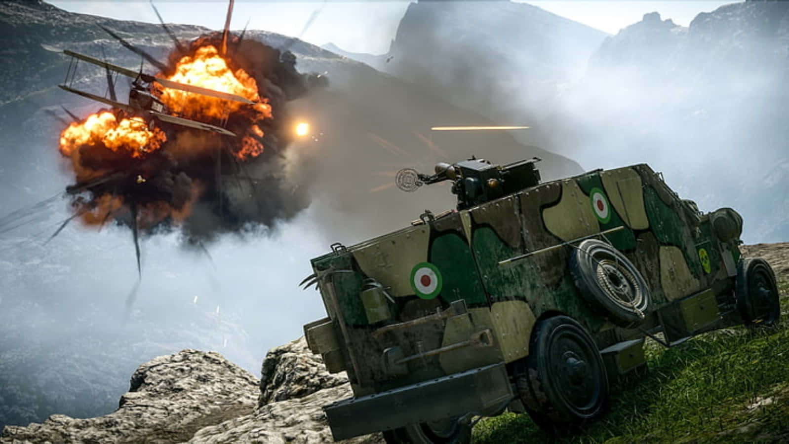 Armored vehicles engaging in a fierce battlefield Wallpaper