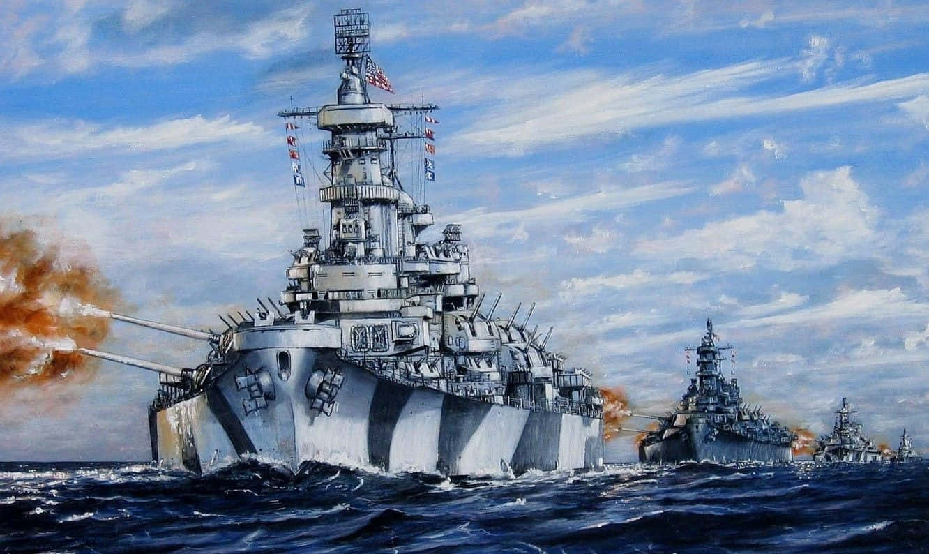 A Painting Of Two Battleships In The Ocean