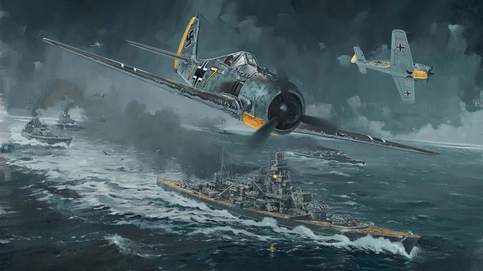 A Painting Of A Plane Flying Over A Ship