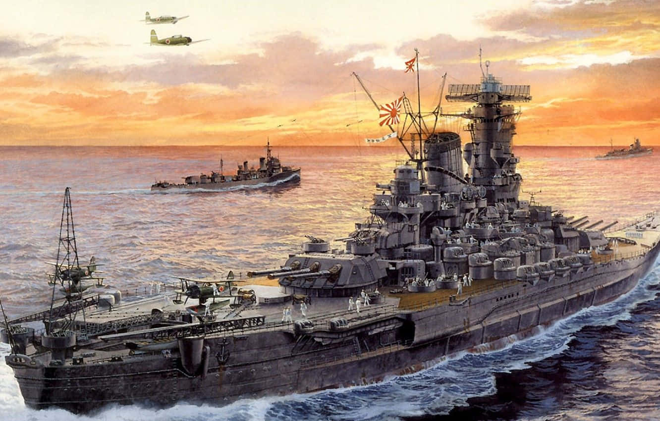 A Painting Of A Battleship And Other Ships