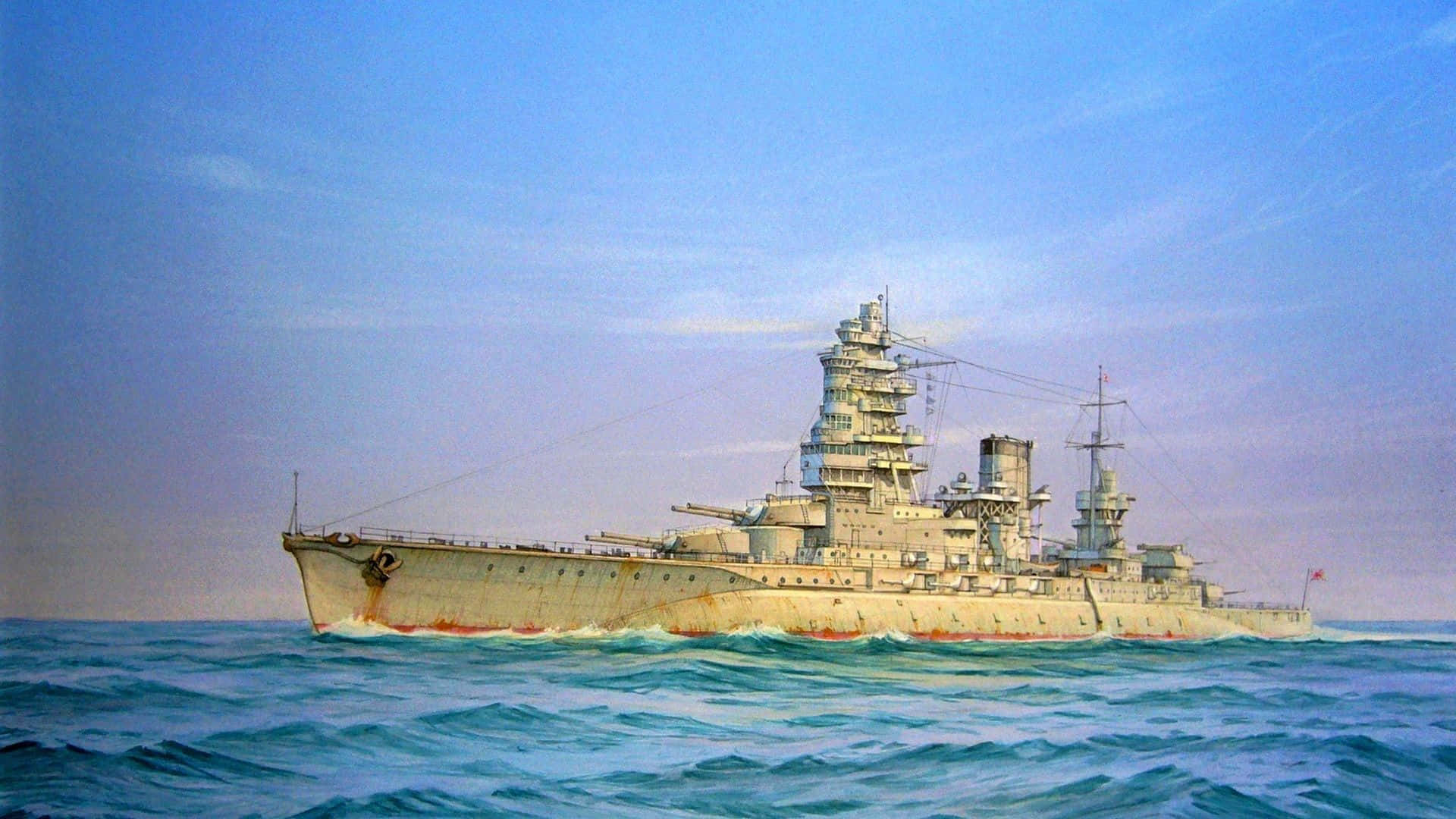 A Painting Of A Large Battleship In The Ocean