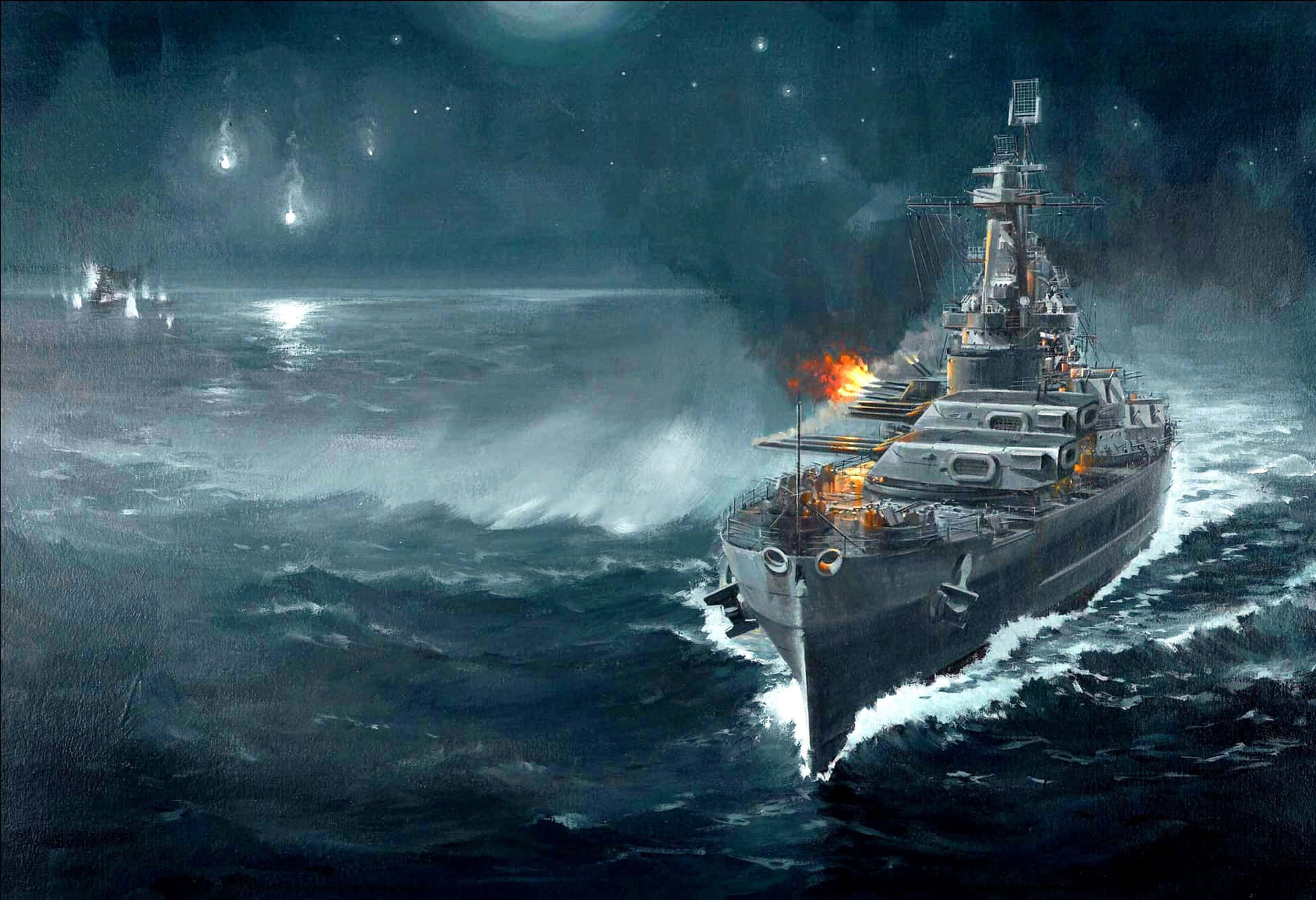 a painting of a ship in the ocean at night