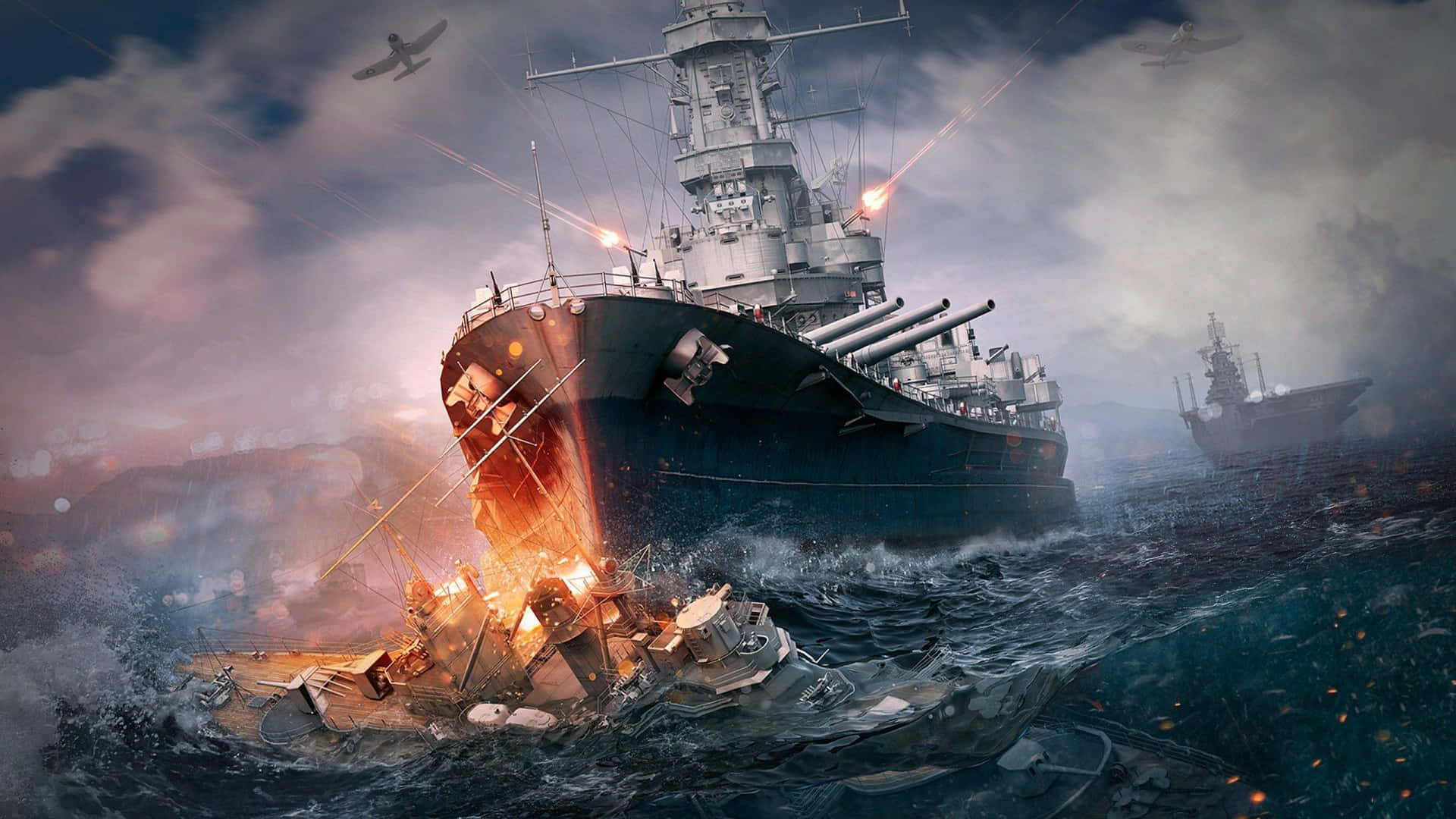 A Navy battleship battles the turbulent waves of the sea