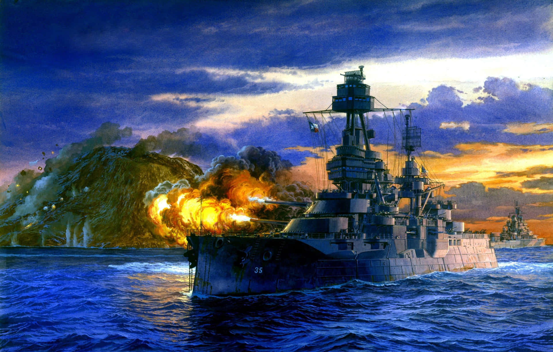 An iconic battleship leading the charge in the ocean