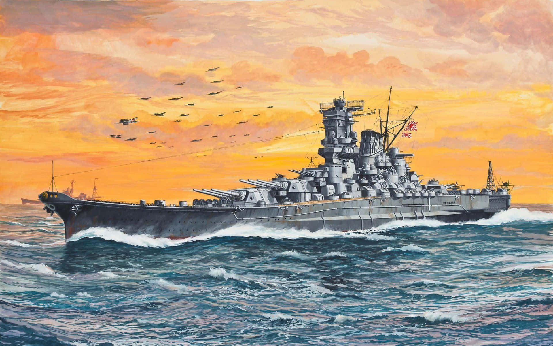 A Painting Of A Battleship In The Ocean