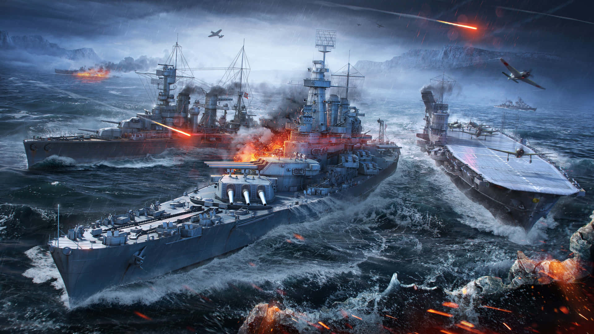 Two gigantic battleships, mighty and inviolate, sail the vast ocean.