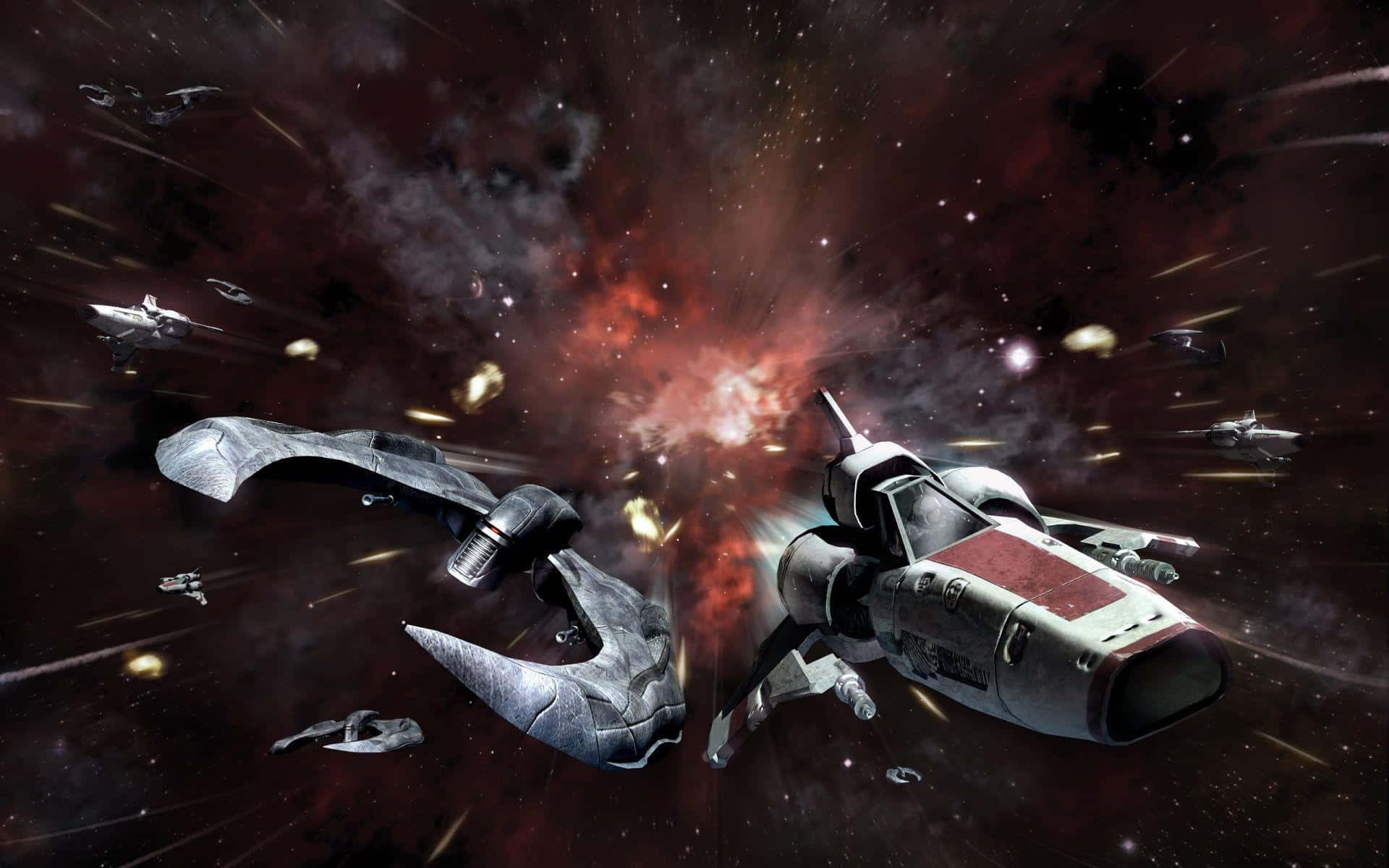 An Iconic Space Battle From The Epic Sci-fi Series Battlestar Galactica Wallpaper