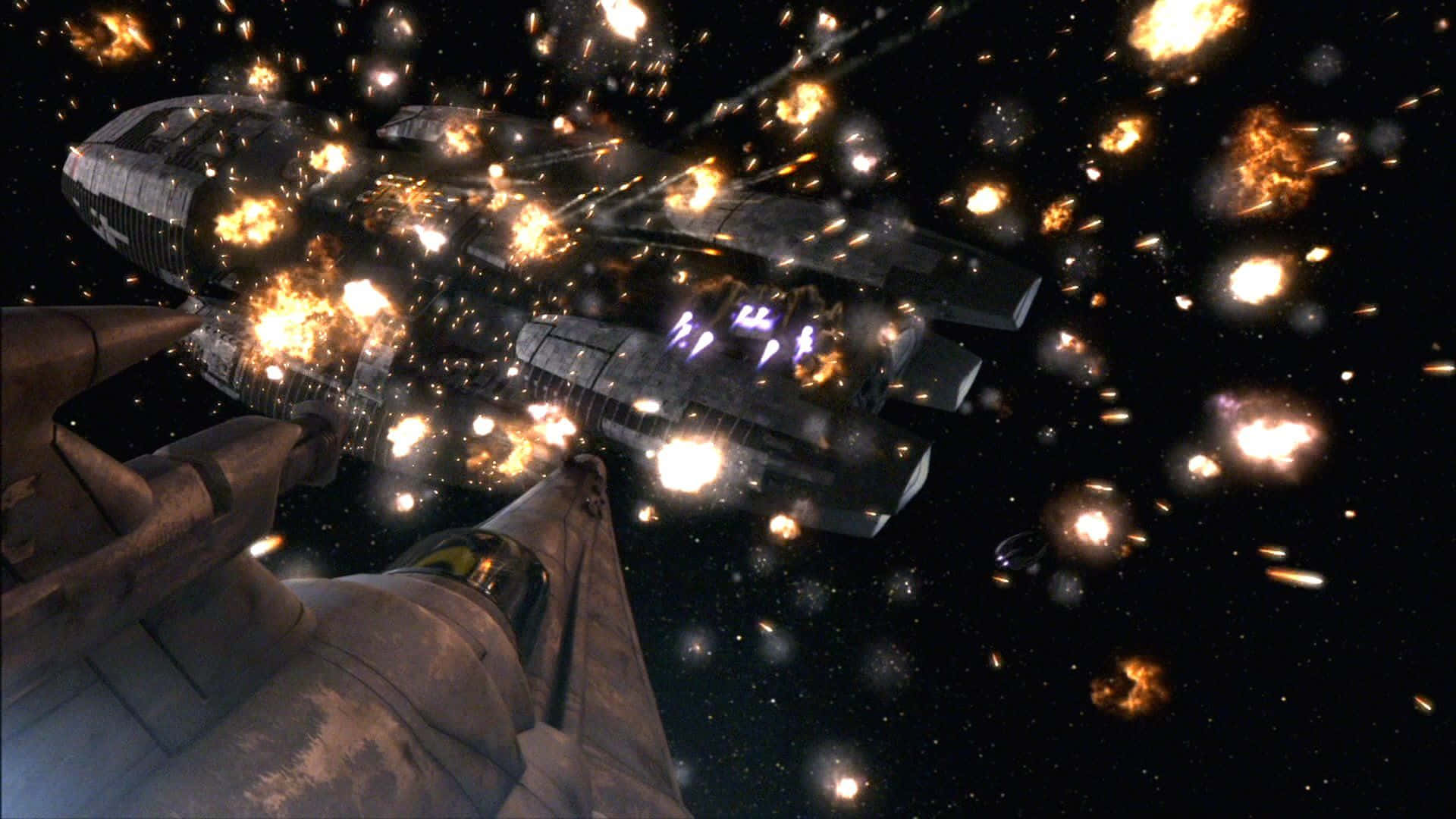 Vascellospaziale Di Battlestar Galactica Che Esplode Sfondo