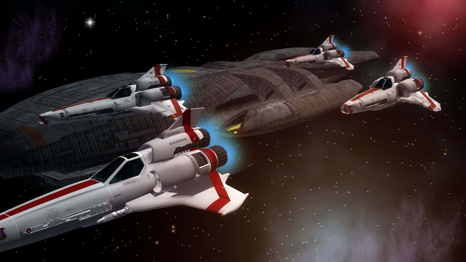"the Battlestar Galactica Star Cruiser Soars Through Space." Wallpaper