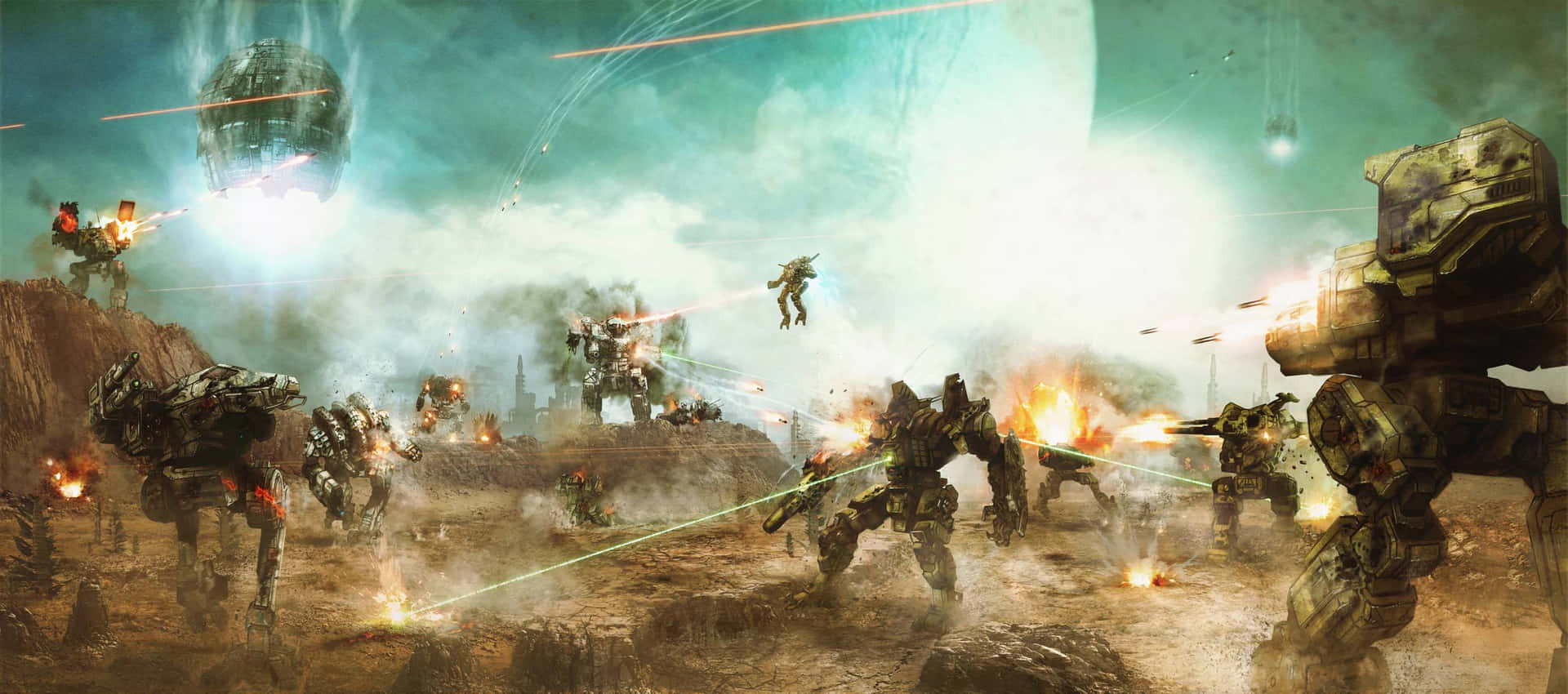 Battlemechs Engaging in Combat on a Futuristic Battleground Wallpaper