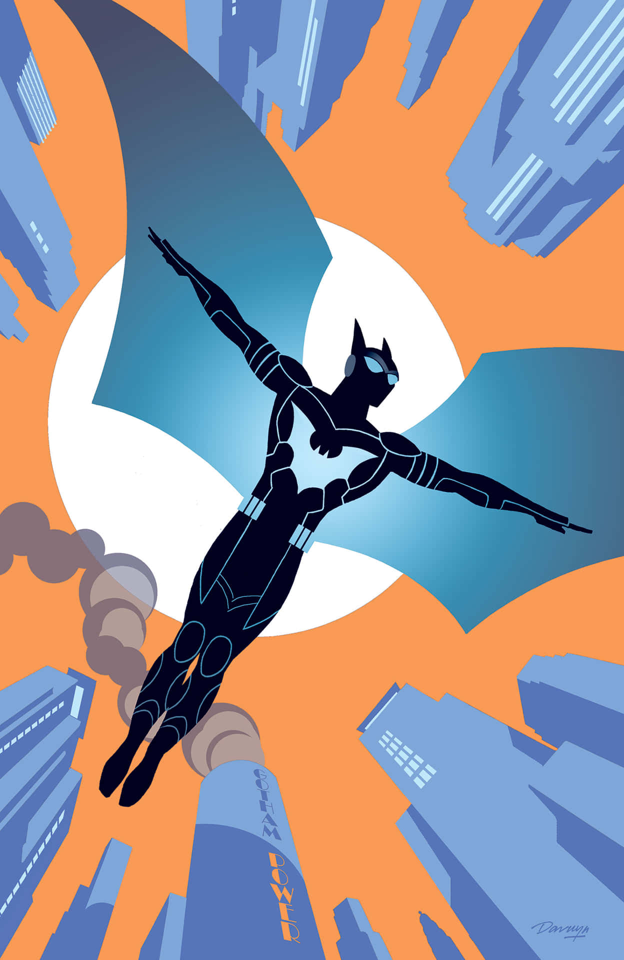 Batwing soaring above Gotham City Wallpaper