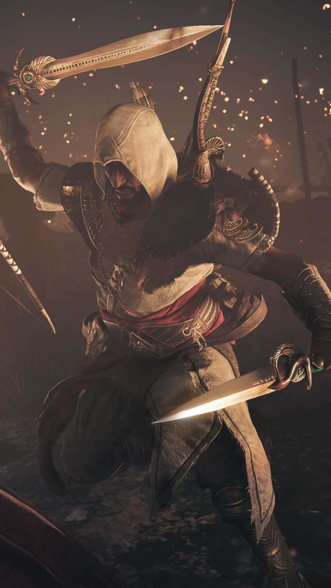 Bayek in action during an intense battle in ancient Egypt Wallpaper