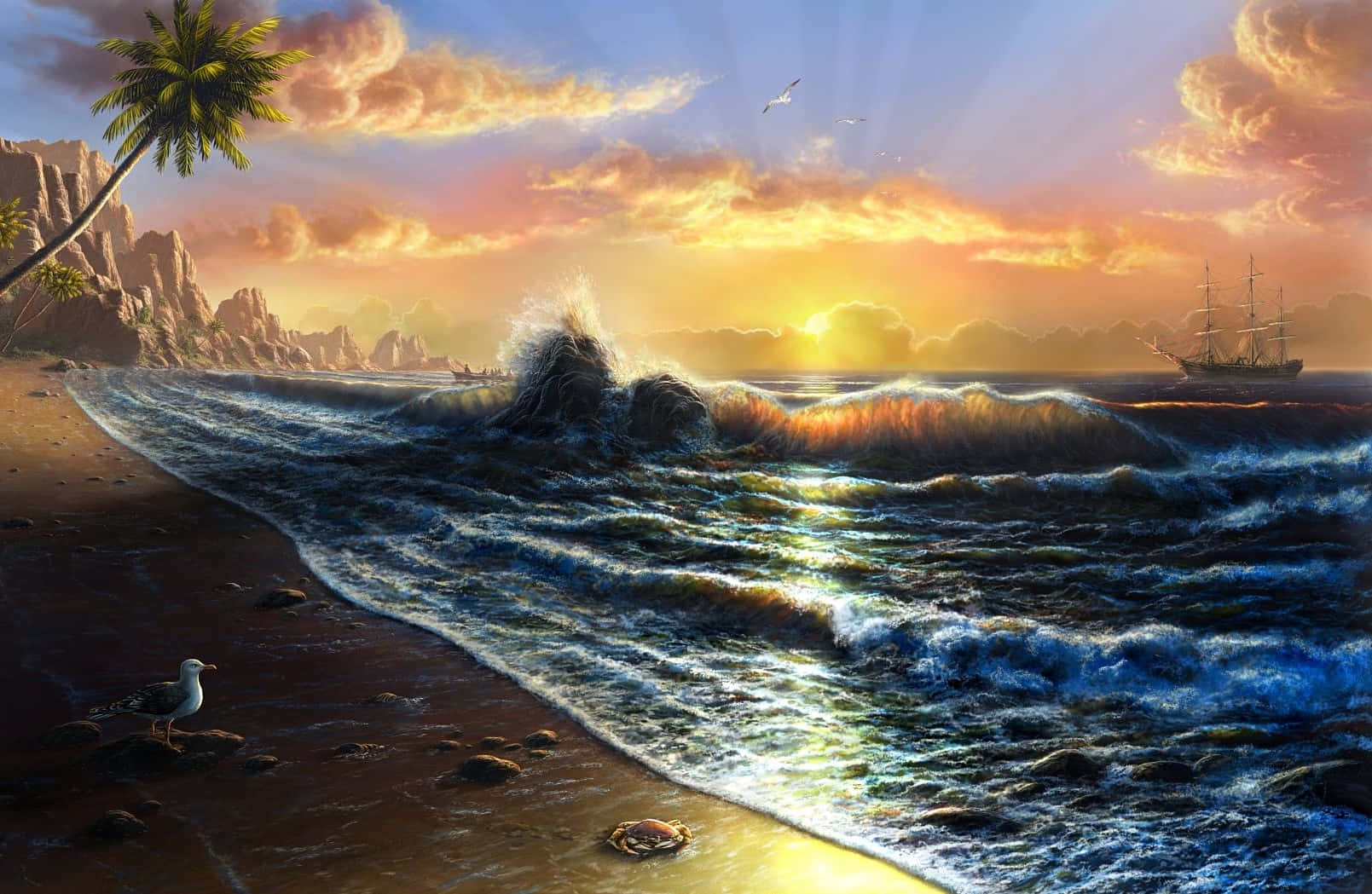 Serene Beach Sunset Art Wallpaper
