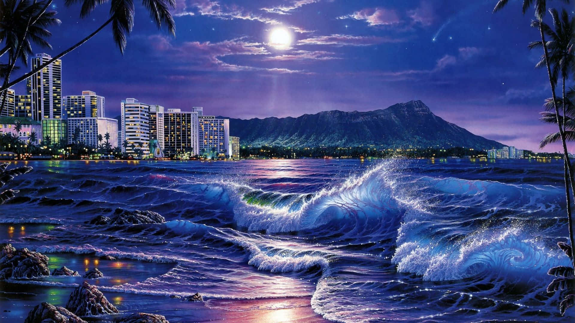 Vibrant Beach Art with Waves and Sunsets Wallpaper