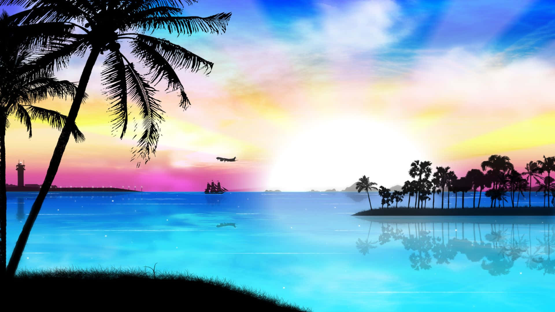 A vibrant beach art painting showcasing a blend of ethereal colors and a mesmerizing sunset masterpiece. Wallpaper