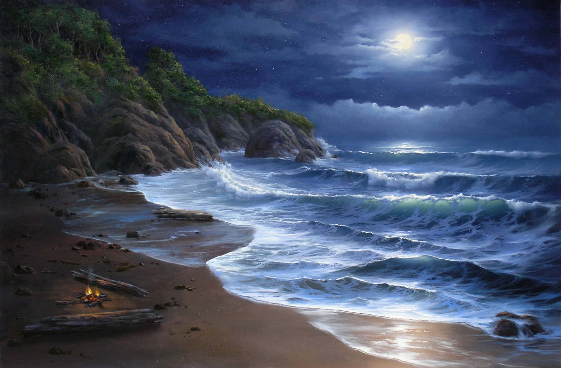 "The Moonlight Glistening on the Calm Waters of the Beach"