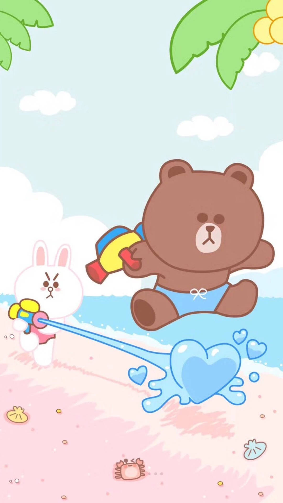 Brown and Cony are enjoying a fun day at the beach playing games with Line Friends! Wallpaper
