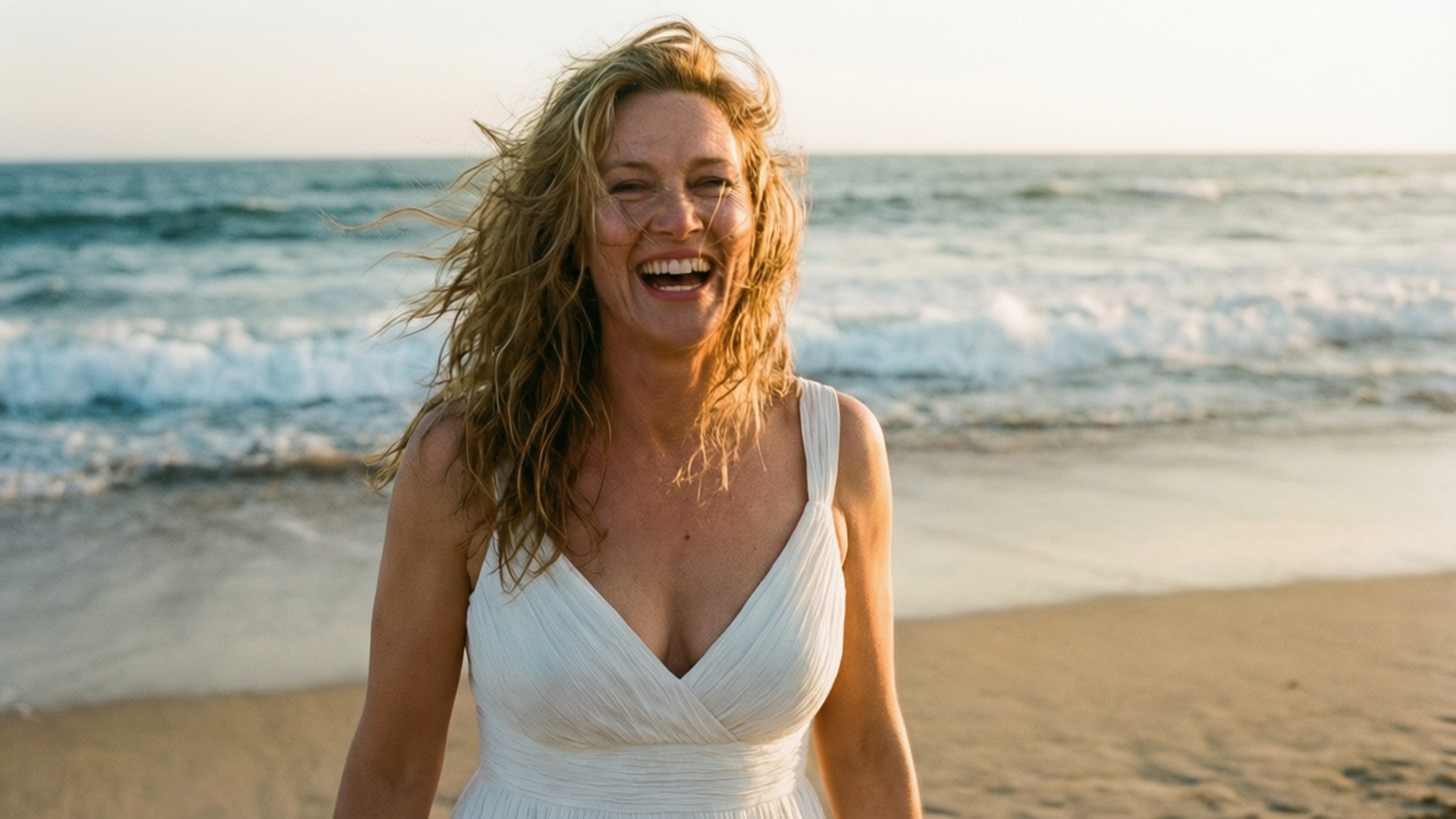 Foto candid Kate Winslet tertawa di pantai saat golden hour.