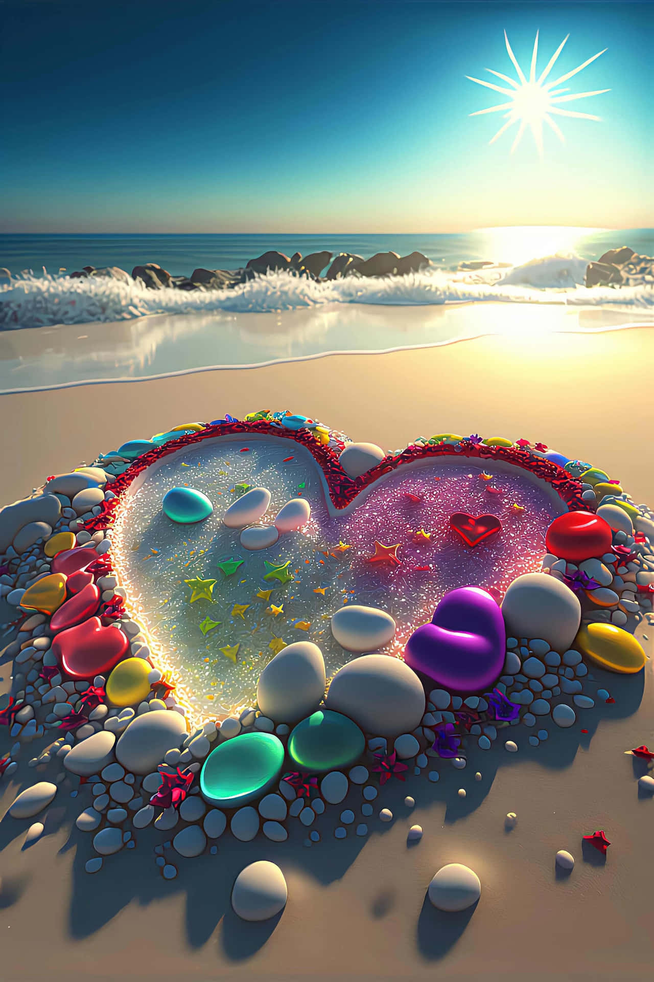 Romantic Beach Sunset with Heart in the Sand Wallpaper