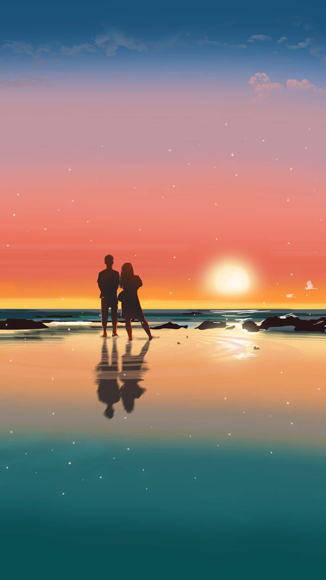 A couple enjoying a romantic walk on the beach at sunset Wallpaper