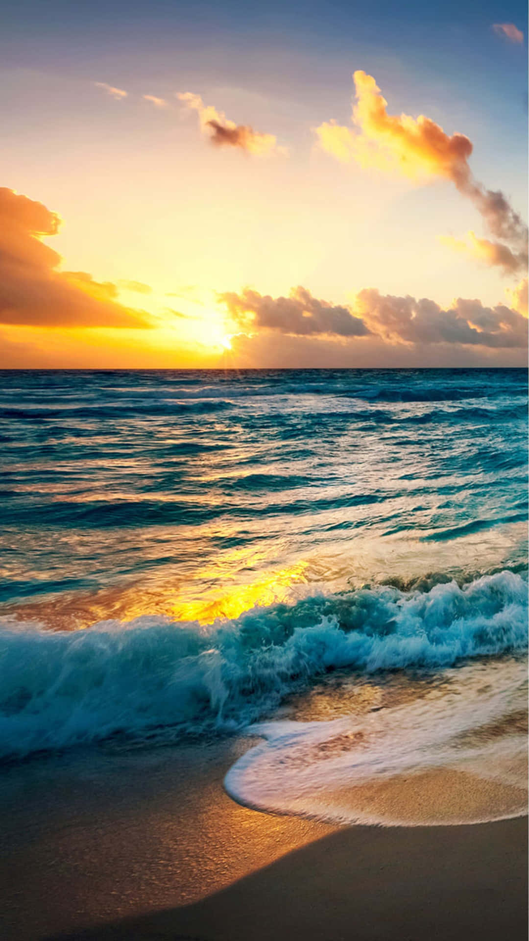 Beach Phone Water Waves Under Sunset Background