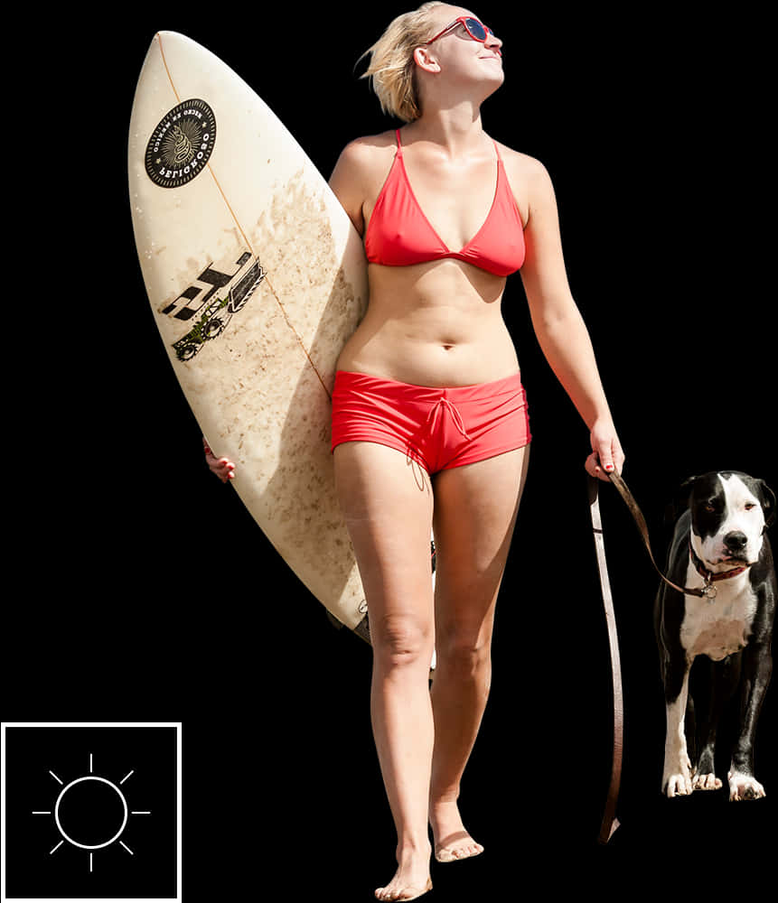 Beach Ready Womanwith Surfboardand Dog PNG