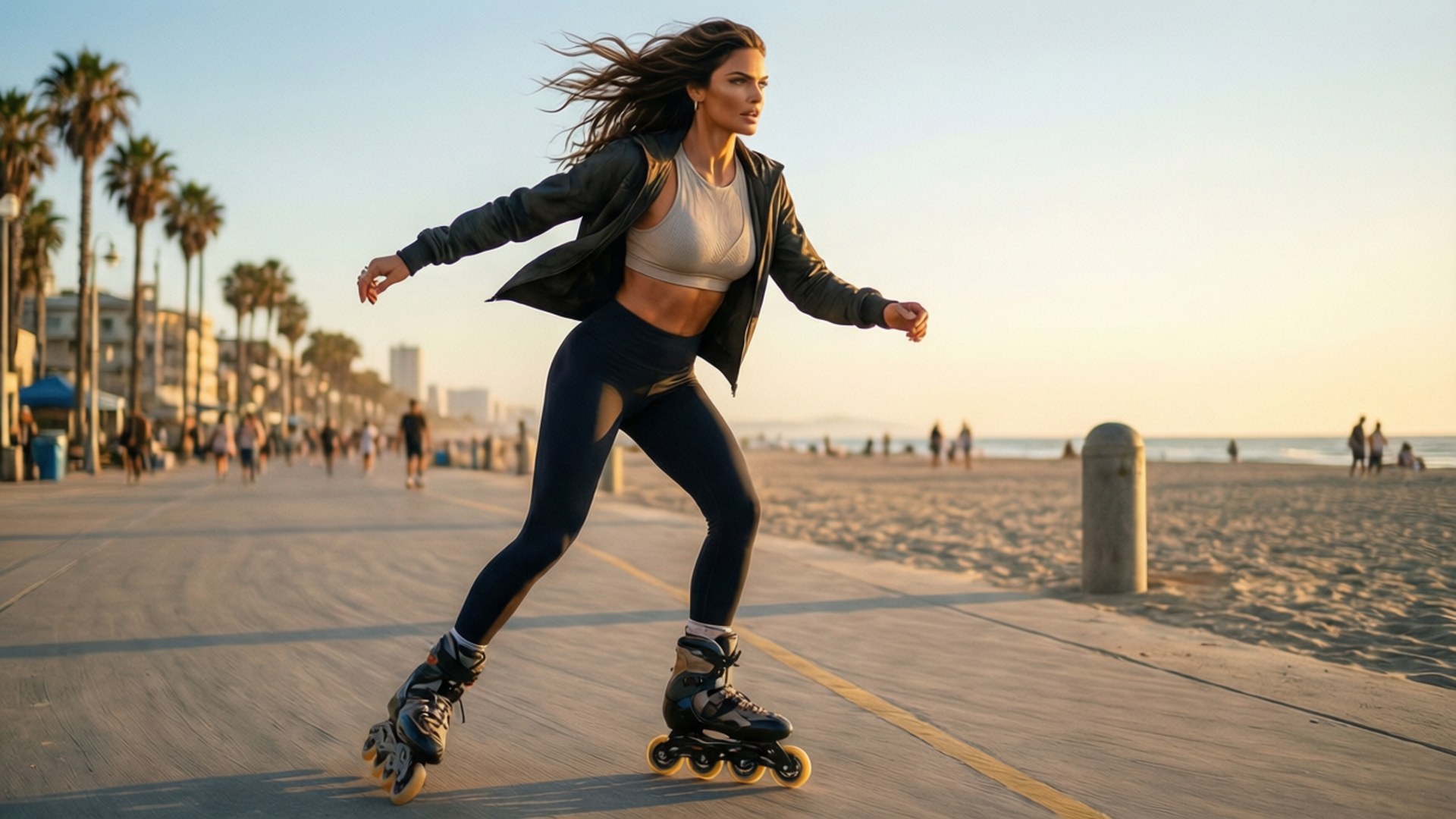 Alessandra Ambrosio rollerblading på en solrik strandpromenade, golden hour.