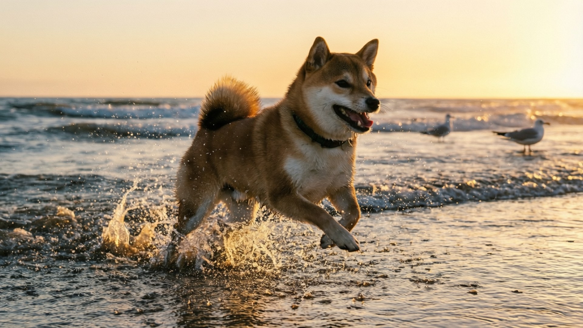 A joyful Shiba Inu running through water on a beach at sunset, dynamic and cinematic.