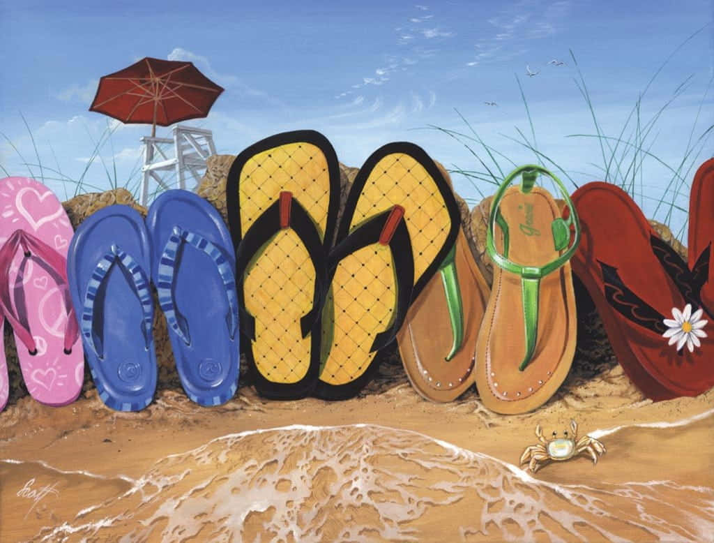 Caption: Vibrant Beach Sandals on Sun-Kissed Seashore Wallpaper
