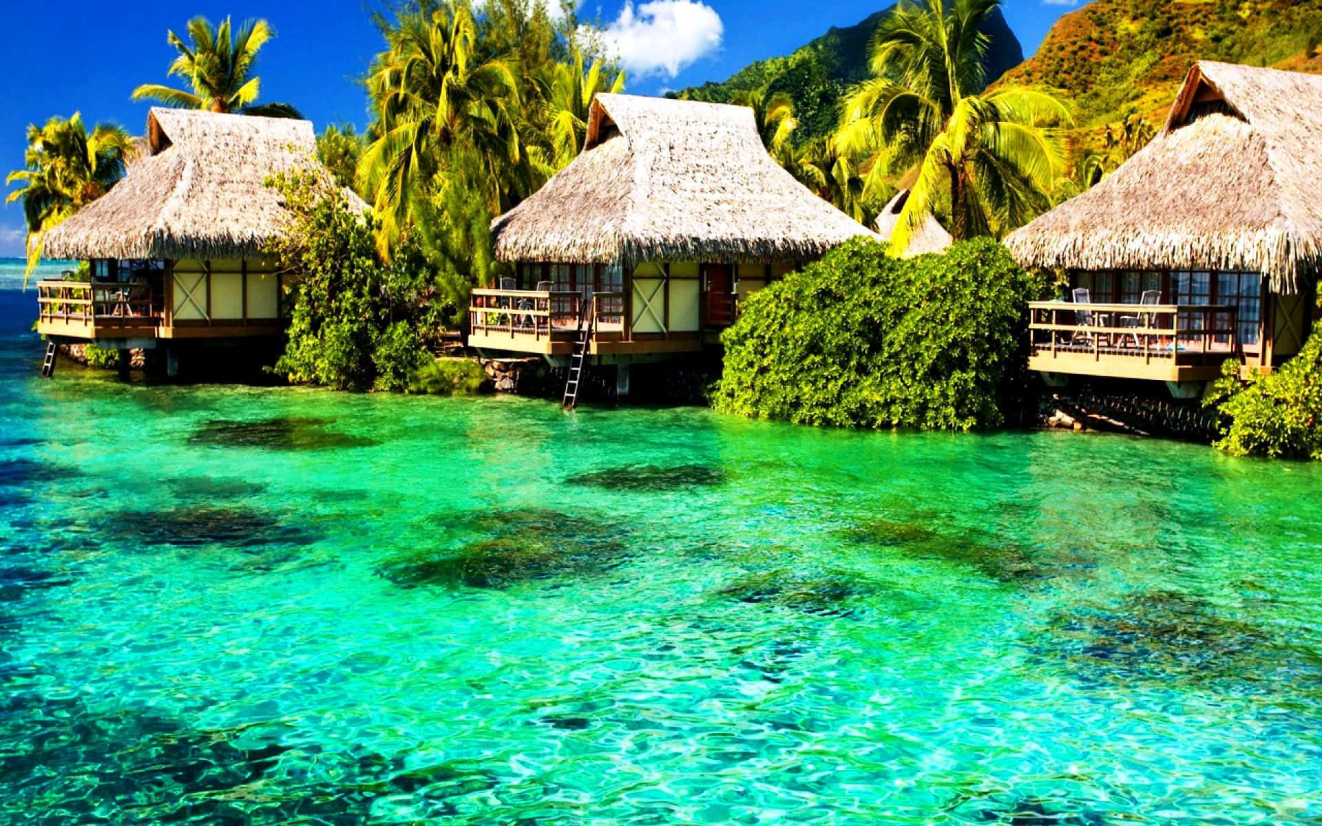 A Tropical Island With Huts And Clear Water