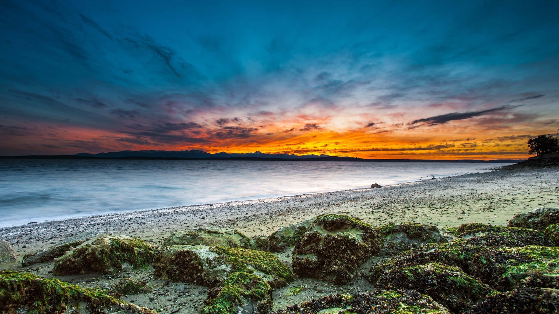 Oplev skønheden af en strand solnedgang med denne baggrundsbillede. Wallpaper