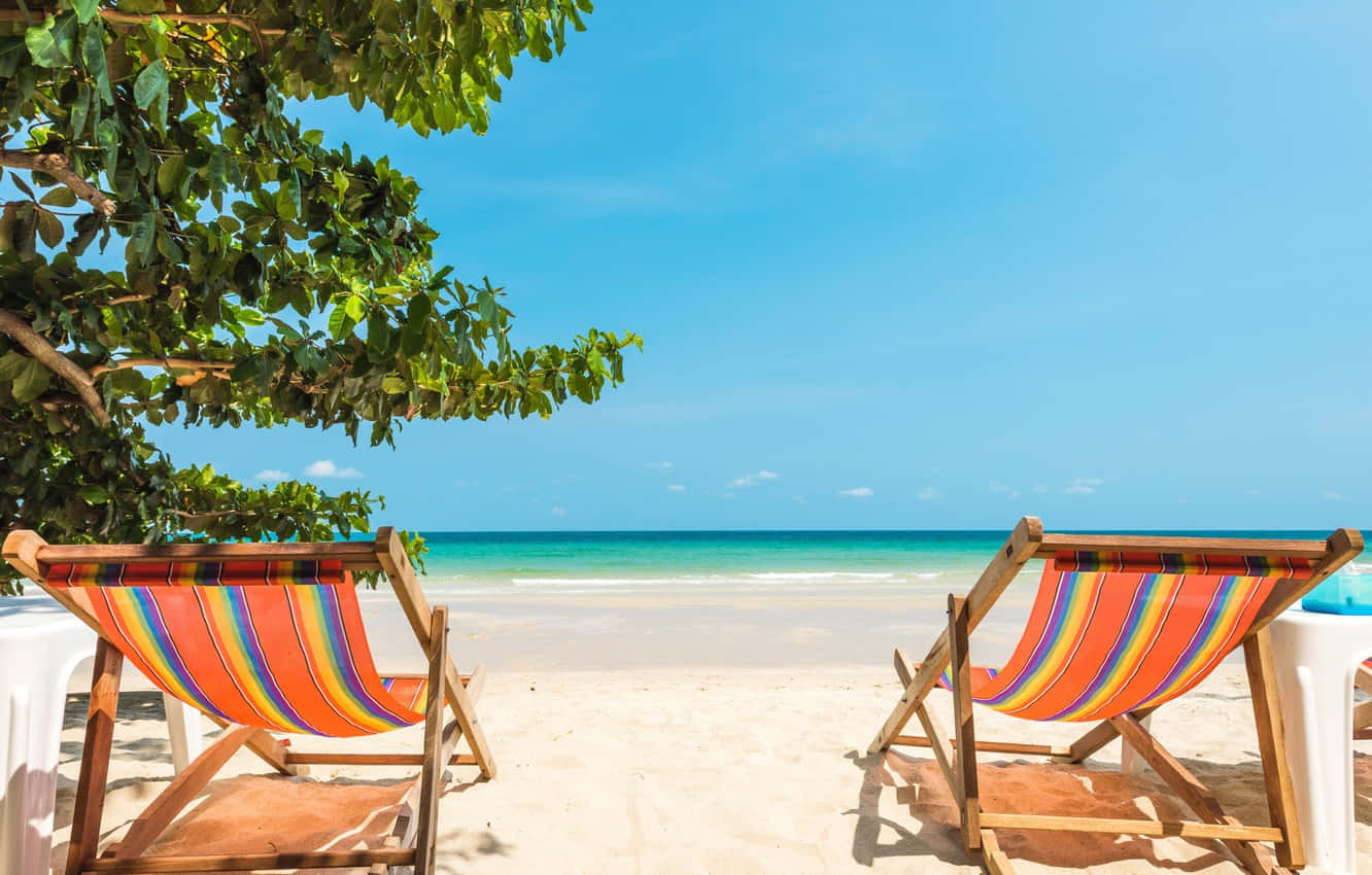 Relaxing Beach Sunbeds at a Tropical Paradise Wallpaper