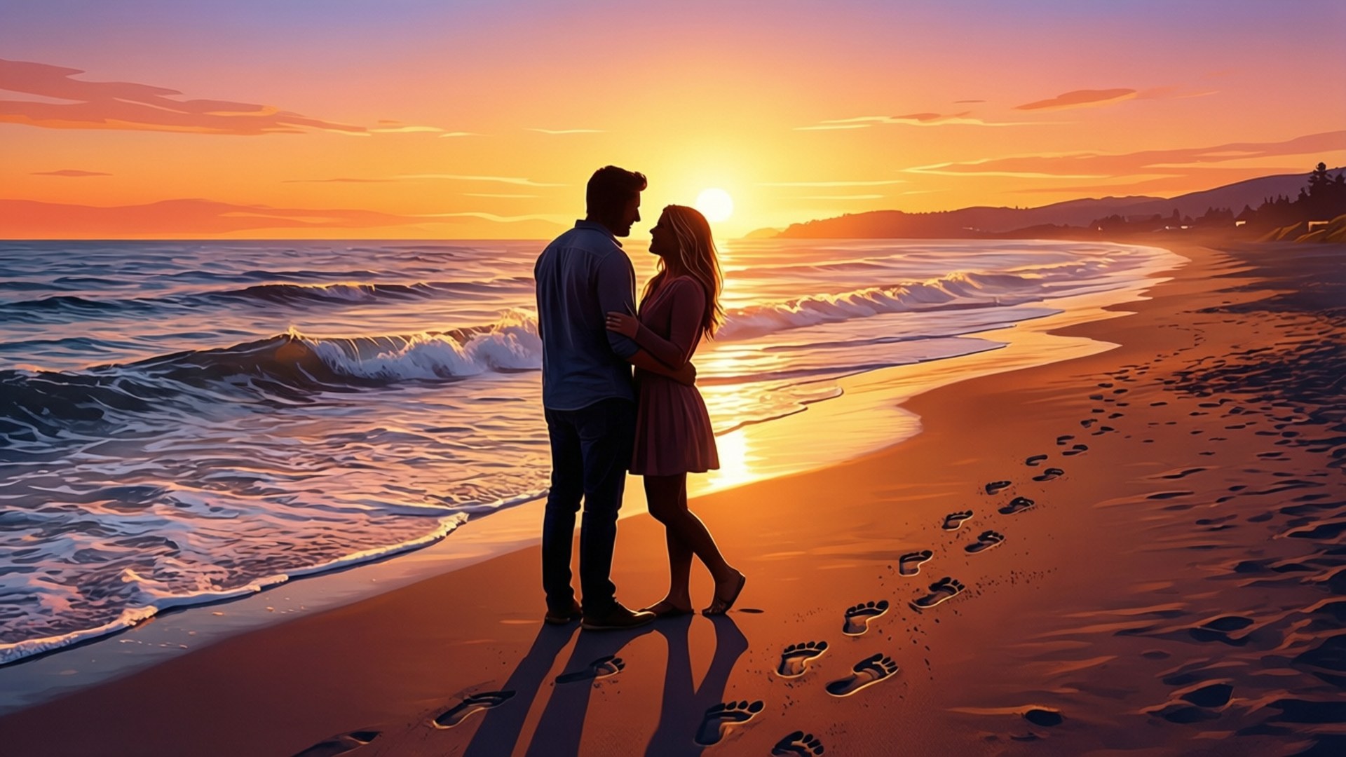 Romantische silhouet van Renton en Eureka op een strand bij zonsondergang.