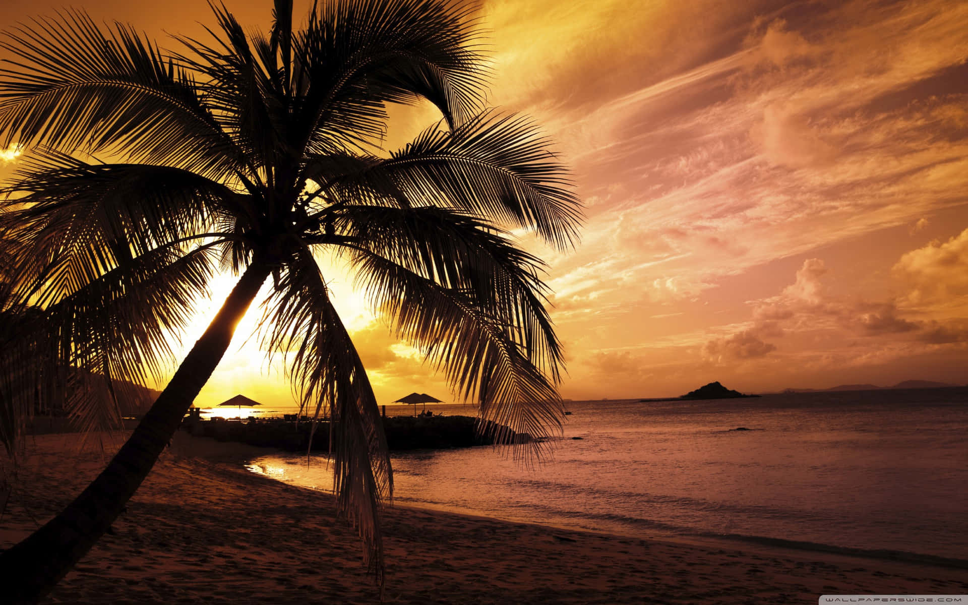 Drømmeagtig strand solnedgang langs vandet Wallpaper