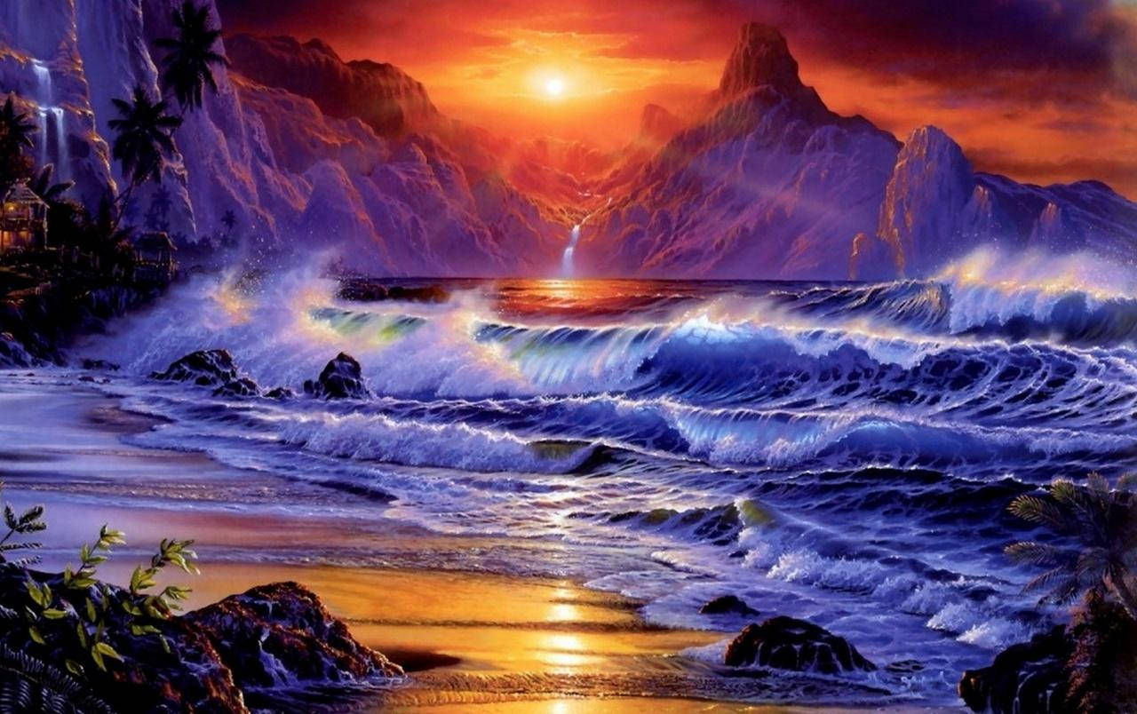 Beach Sunset Painting Wallpaper
