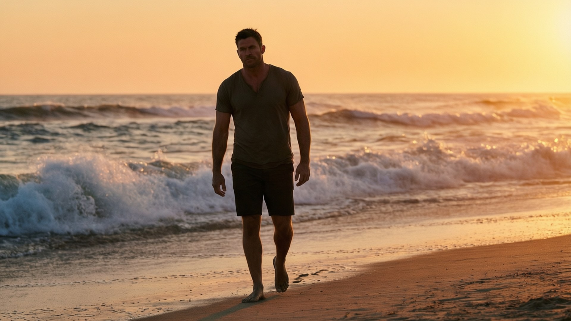 Rannan Auringonlaskun Rauha Taustakuvat — Channing Tatum kävelee rannalla auringonlaskun aikaan.