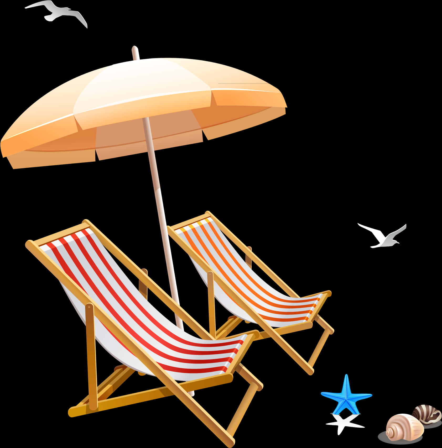 Beach Umbrellaand Deck Chairs PNG