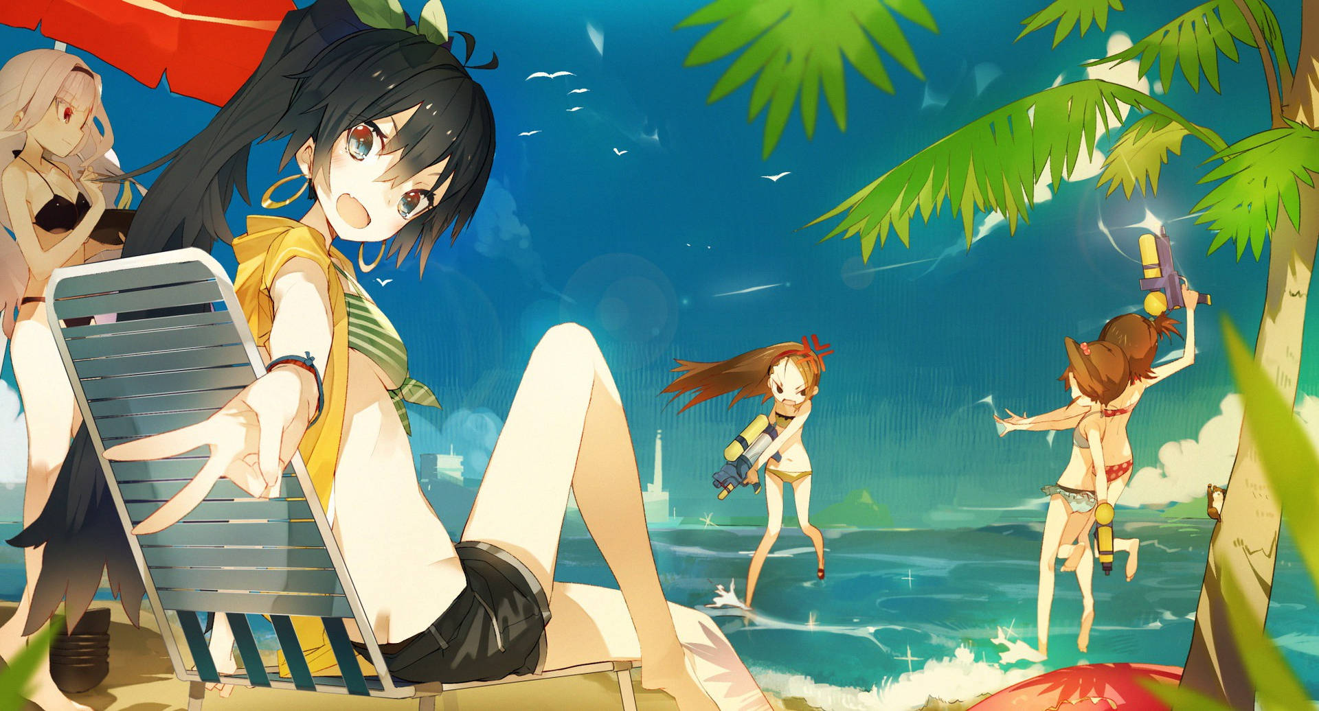 Beach Vacation Anime Girls Wallpaper