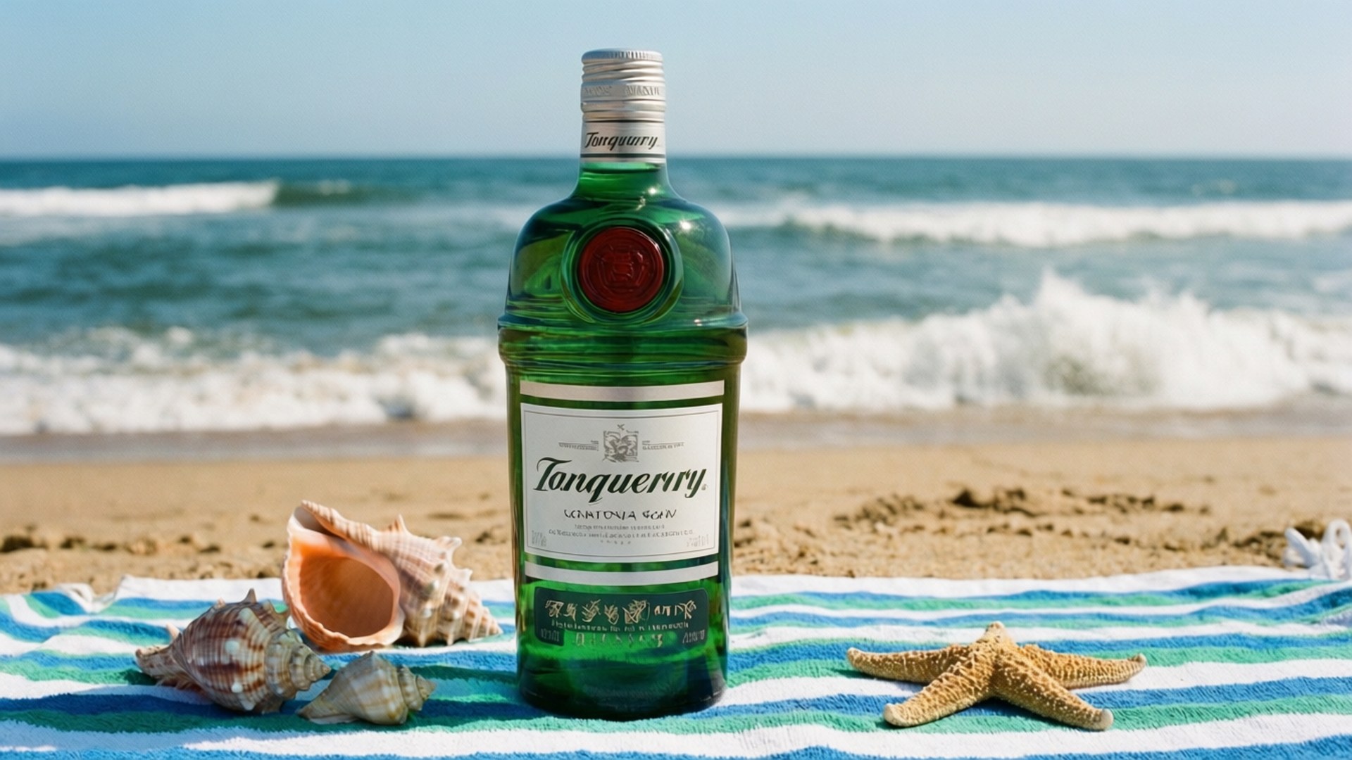 Tanqueray gin-flaske på strandhåndkle med skjell og sjøstjerne nær havbølger.