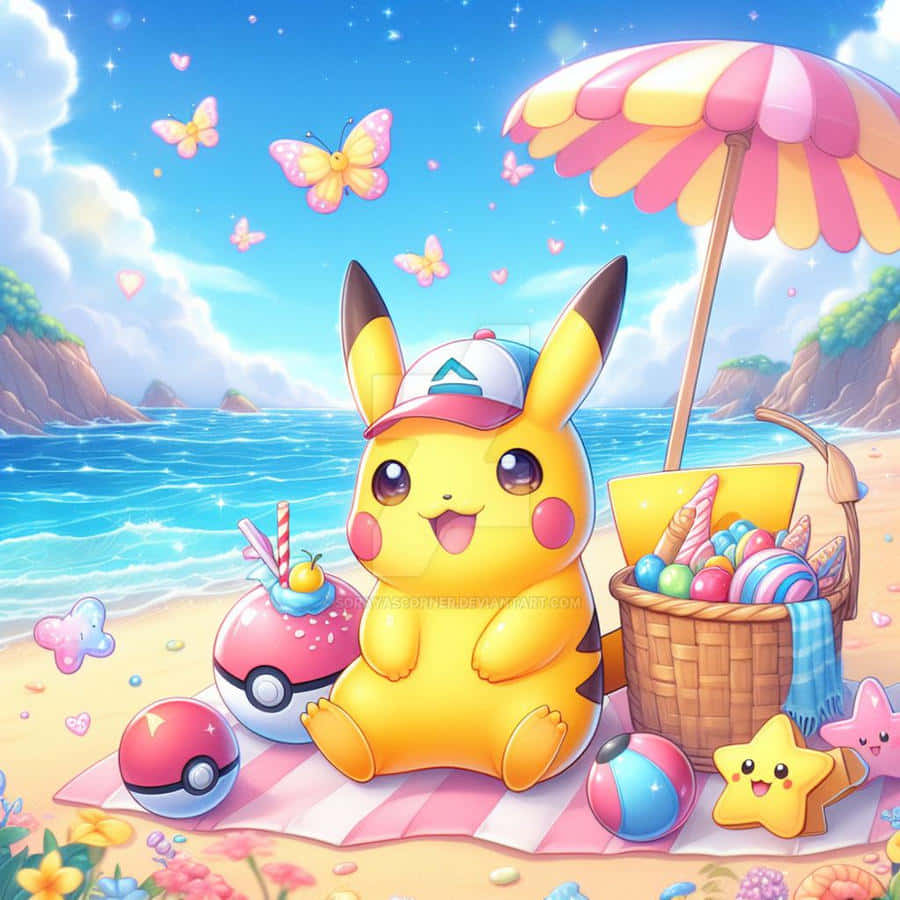 Beachside Pikachu Kawaii Artwork Wallpaper