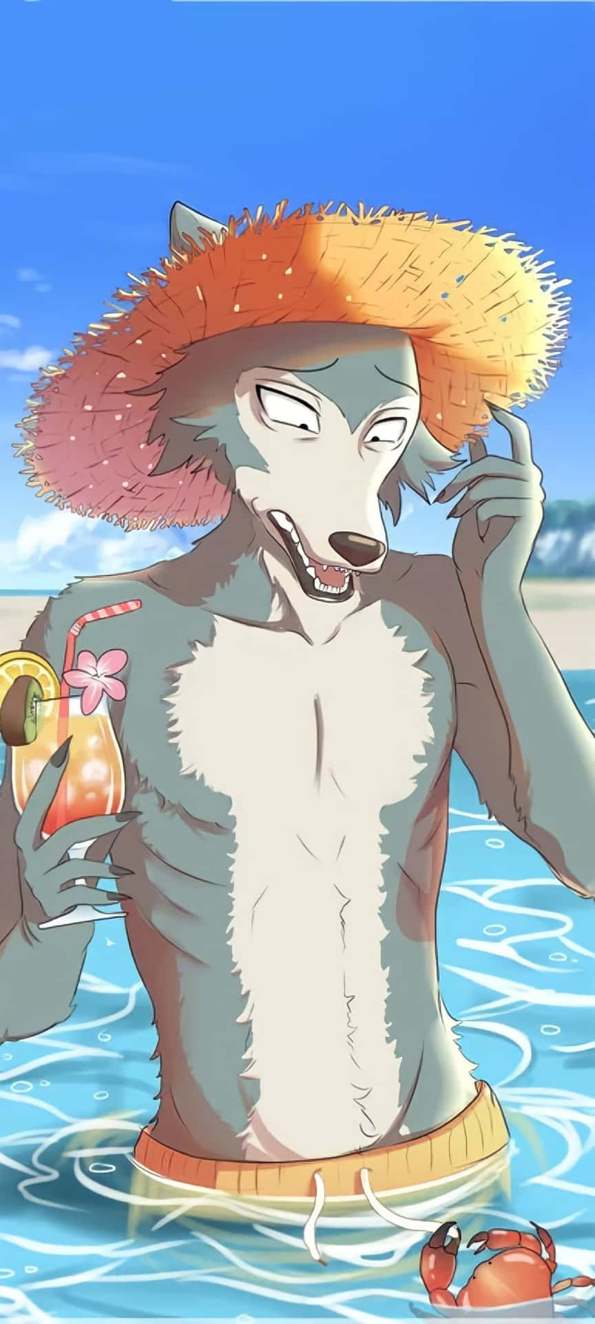 A Wolf In A Straw Hat Is Standing In The Water