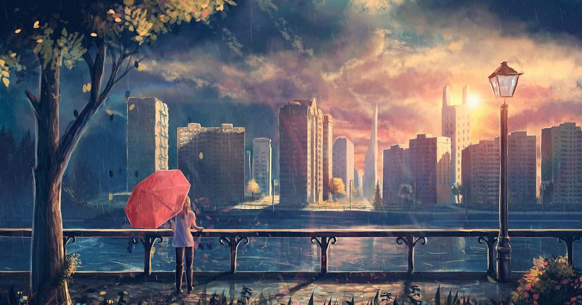 Enkvinna Står På En Bro Med Ett Paraply. Wallpaper