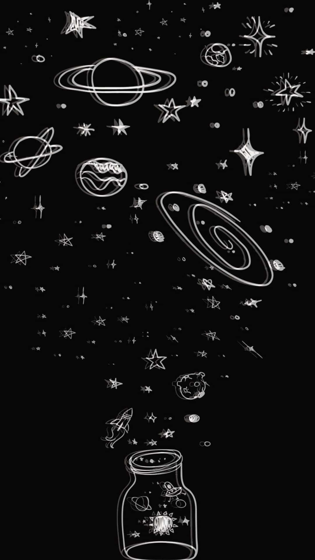 En sort og hvid tegning af en beholder med stjerner i det. Wallpaper