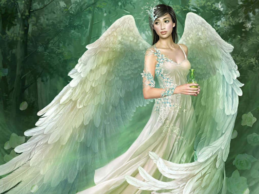 An enchanting beautiful angel flying through the clouds.