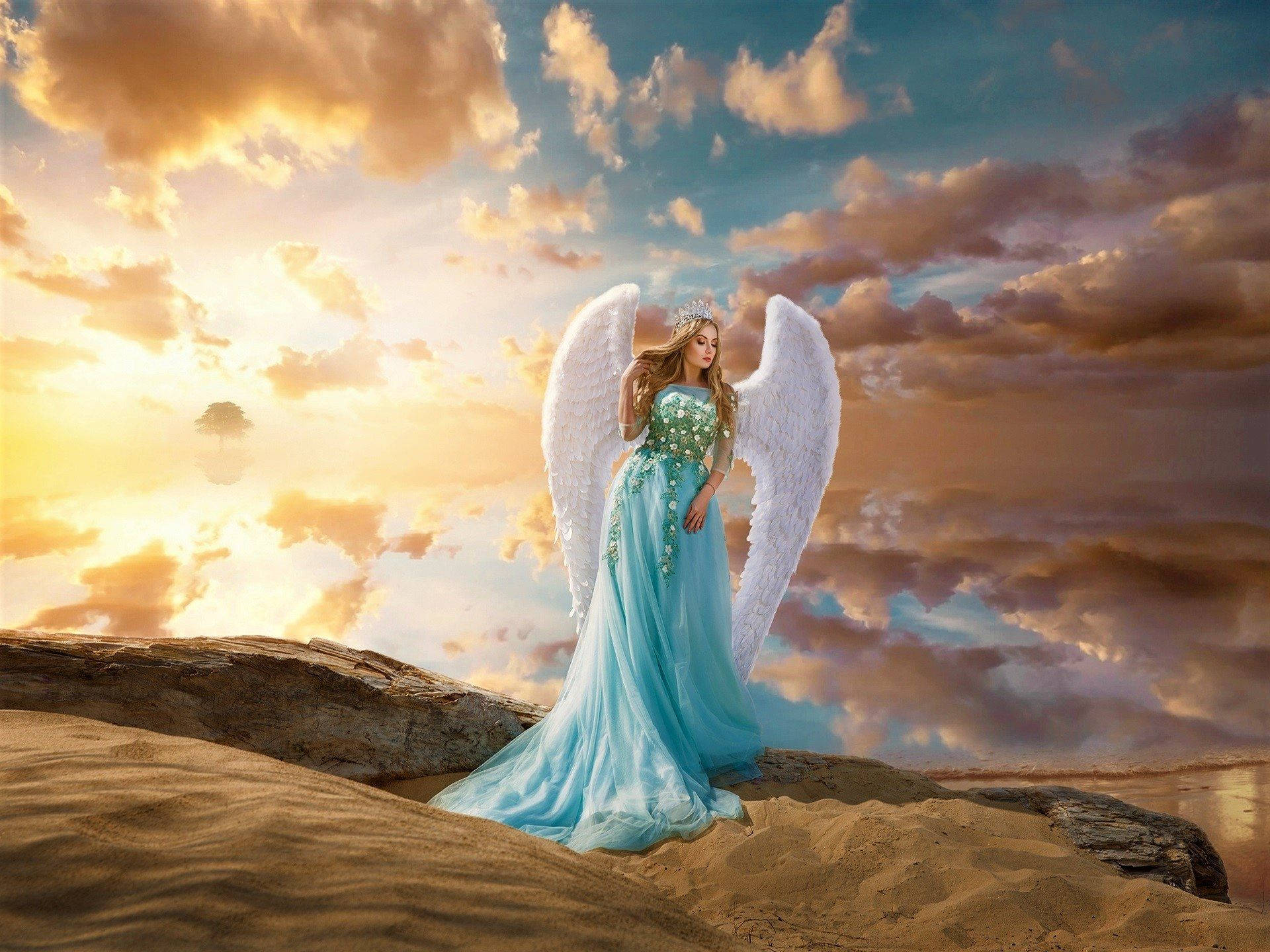 Smukke engle i lysblå kjole flyver over et smukt grønt landskab. Wallpaper