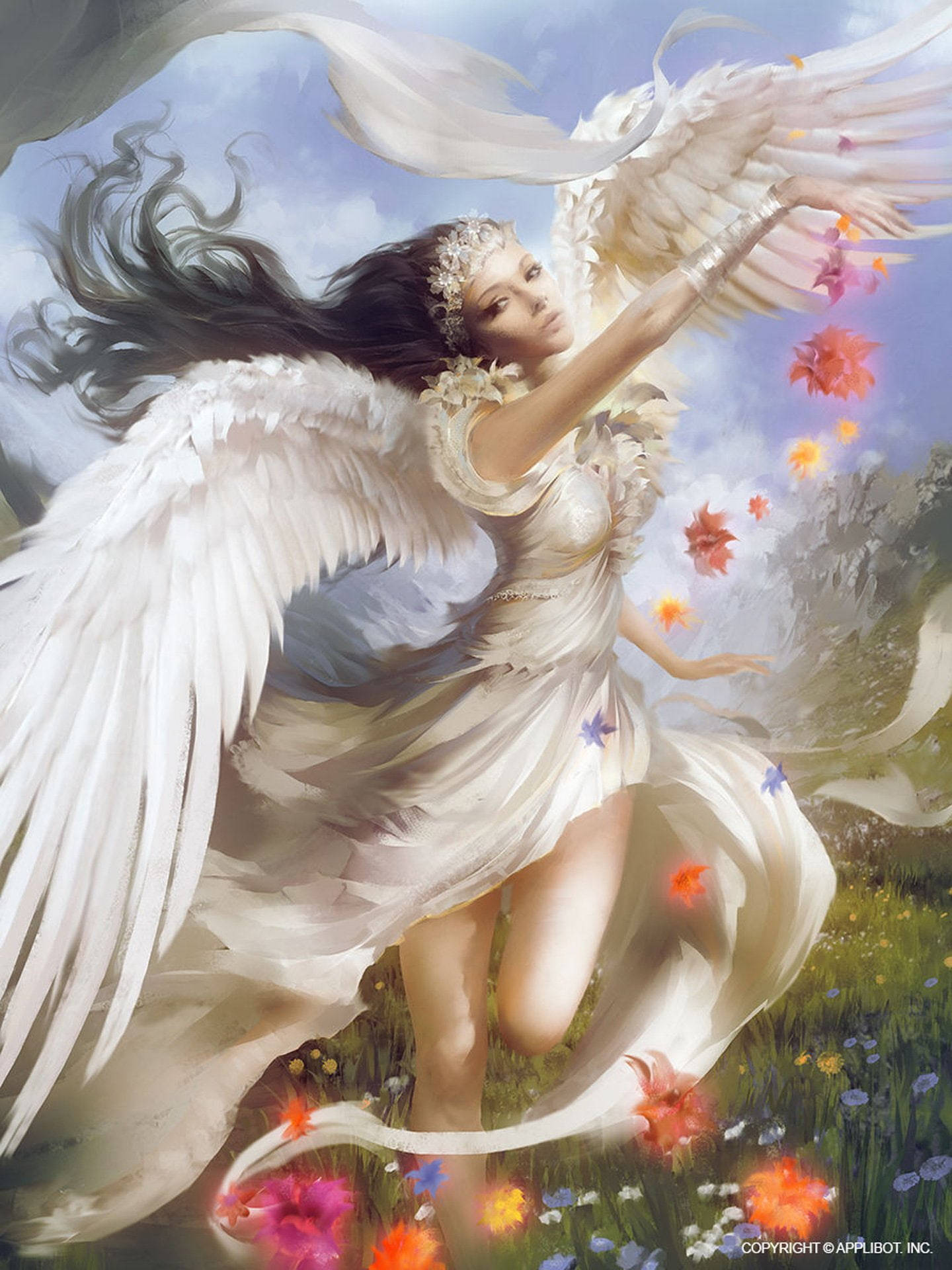 Smukke engle omgivet af blomster Wallpaper