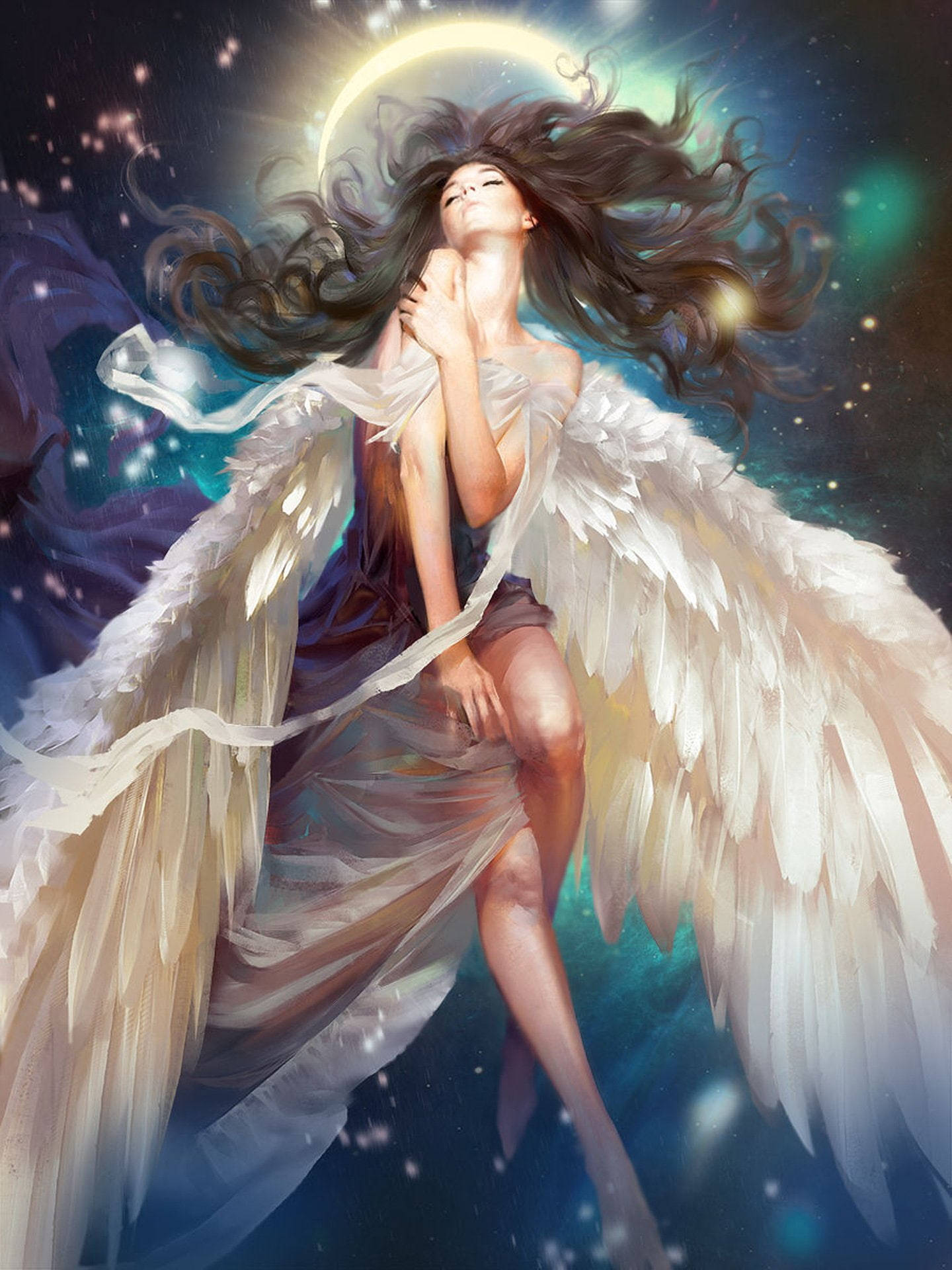 Smukke engle med halo flyvende i et himmelsk baggrund Wallpaper