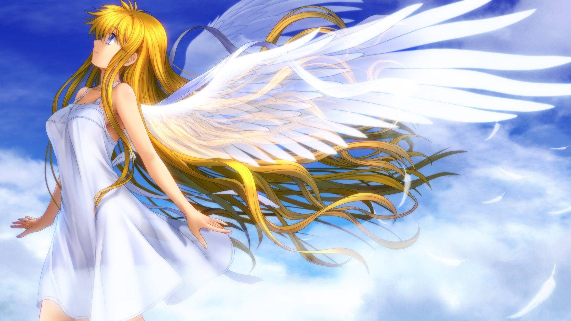 Smukke engle med gennemsigtige vinger flyver gennem skyerne. Wallpaper