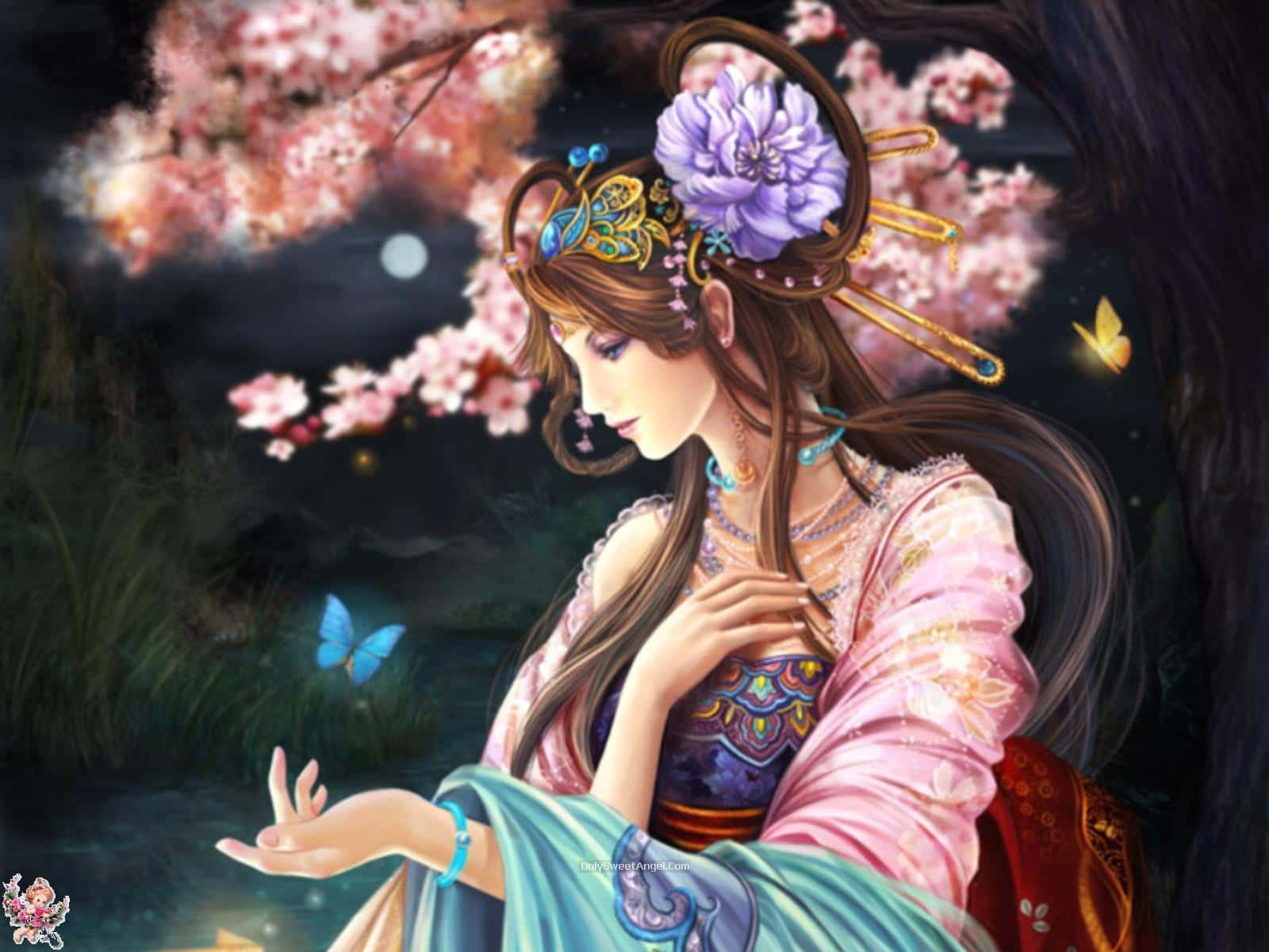 Serene Fantasy Anime Landscape with Cherry Blossoms and Moonlit Castle