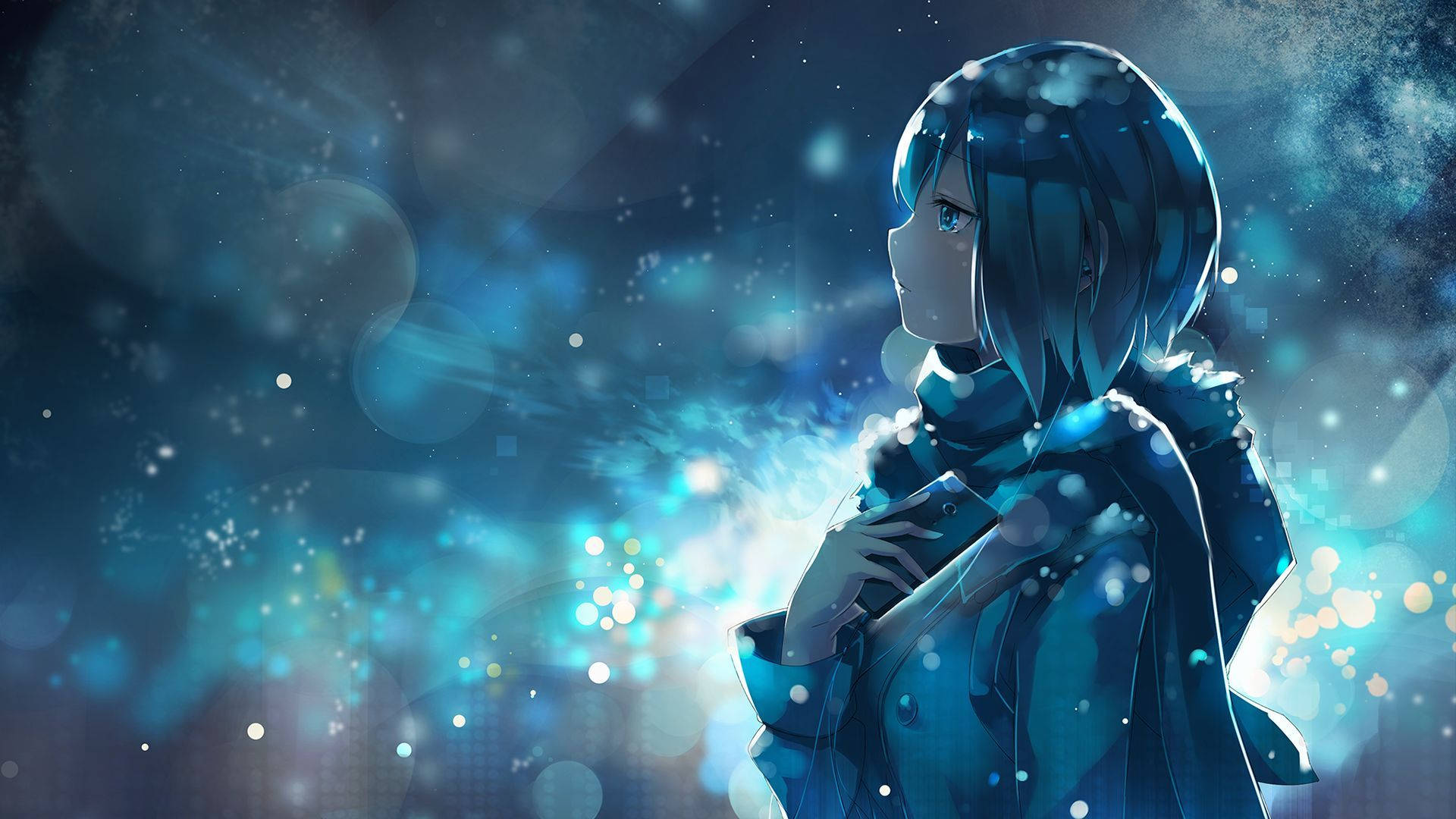 Beautiful anime girl with short blue hair on a bright starry light.